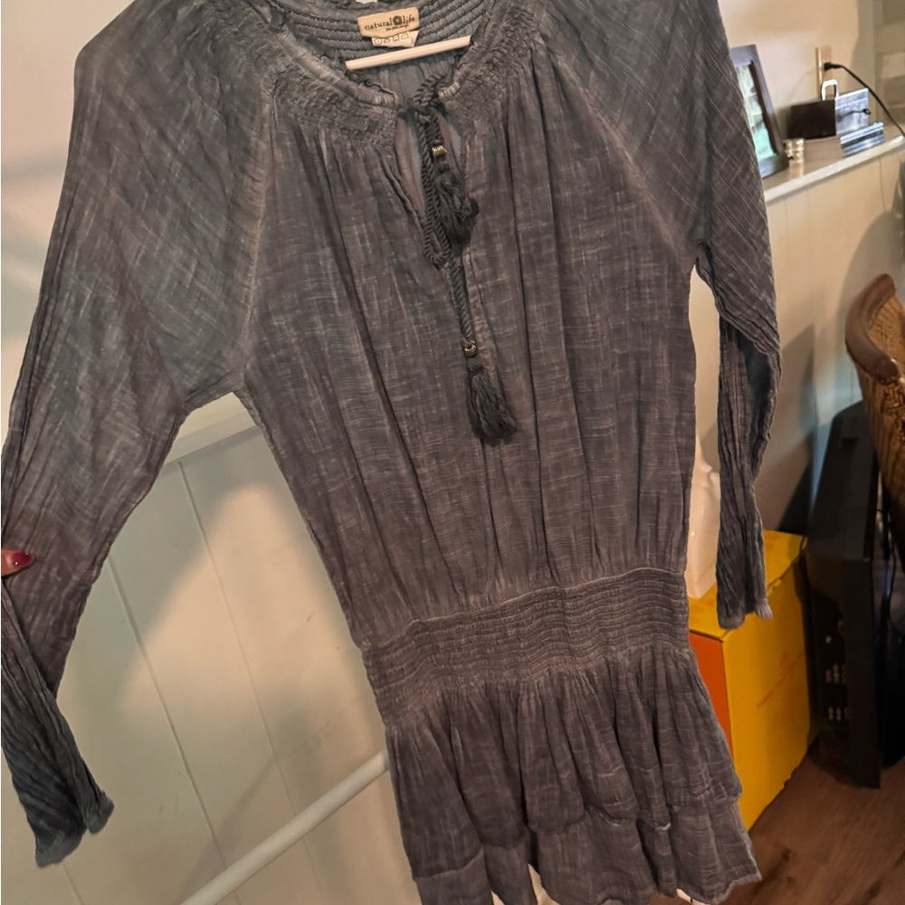 NATURAL LIFE Gray Tunic Dress with Smocked Waist and Tie Front